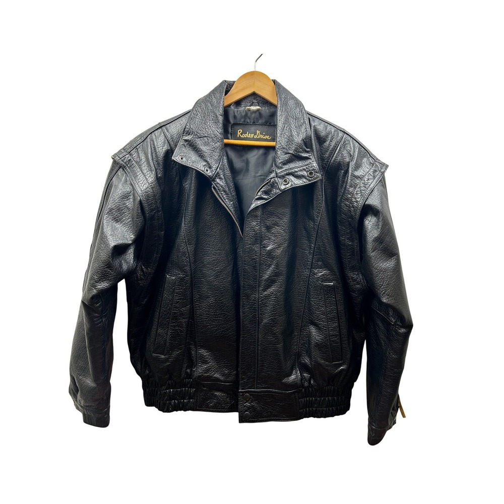 Rodeo‎ Drive Leather Bomber Jacket Mens 46 Black Heavyweight YKK Rugged Luxury